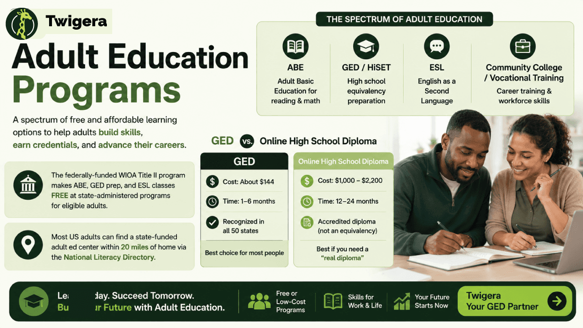 Adult Education Programs 2026 — Twigera infographic comparing ABE, GED and HiSET prep, ESL, community college, and vocational paths for adult learners.