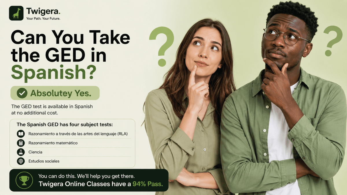 Twigera hero graphic for 'Can You Take the GED in Spanish?' — all four subjects at Pearson VUE centers and online via OnVUE.