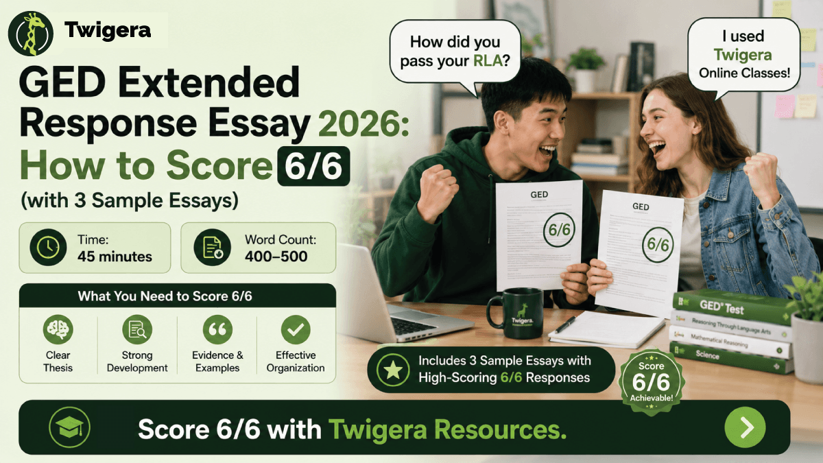 GED Extended Response Essay 2026 — Twigera infographic showing the 45-minute time plan, three-trait rubric, and 6-point scoring of the RLA essay.
