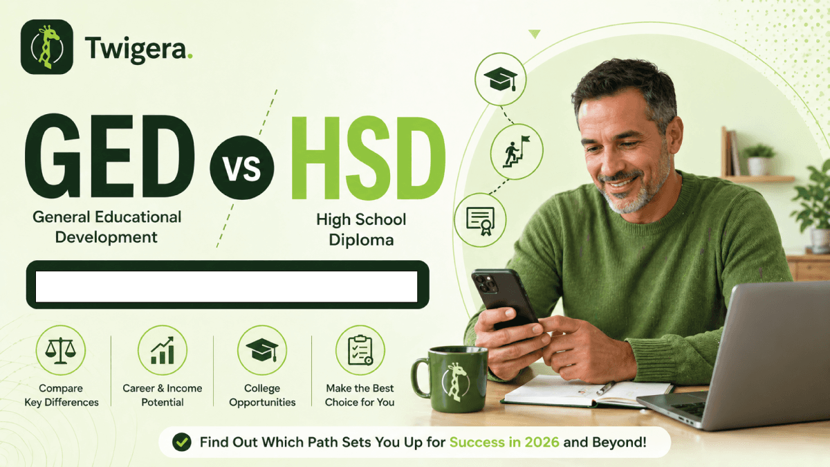 Twigera hero graphic comparing GED vs HSD (High School Diploma). Icons highlight key differences, career and income potential, college opportunities, and choosing the best path — over a photo of a smiling man on his phone with laptop and books nearby.