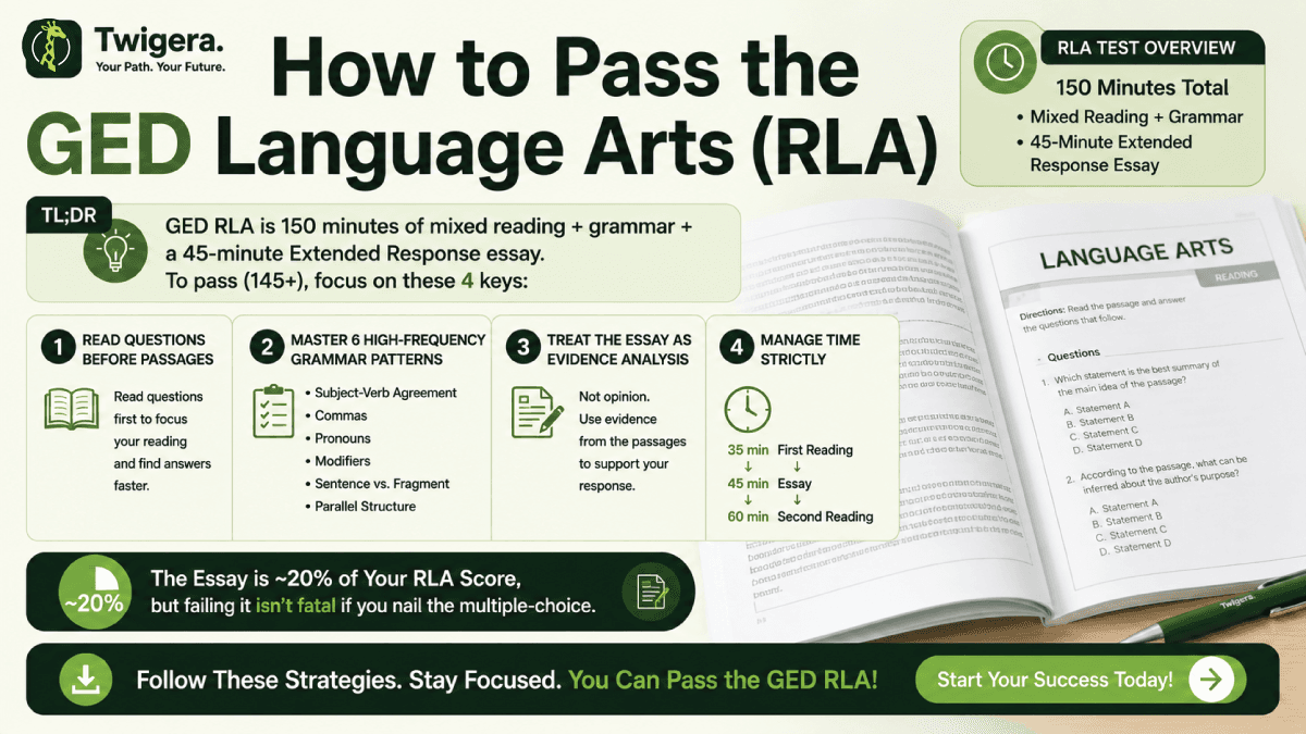 How to Pass the GED Language Arts Test 2026 — Twigera infographic showing 150-minute RLA strategy: reading section 1, break, essay, reading section 2.