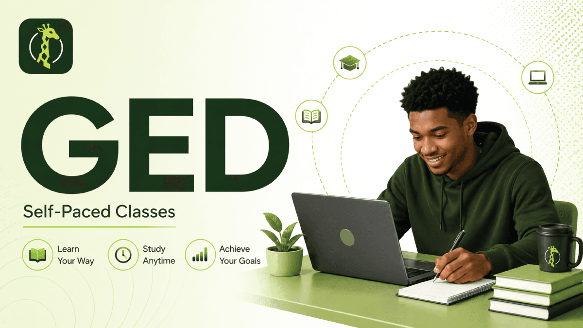 Twigera hero graphic "What Is a GED? Meaning, Subjects, and What the Credential Looks Like" with icons for the four subjects, the state-issued credential, and the diploma equivalence — over a photo of an adult learner studying with a laptop.