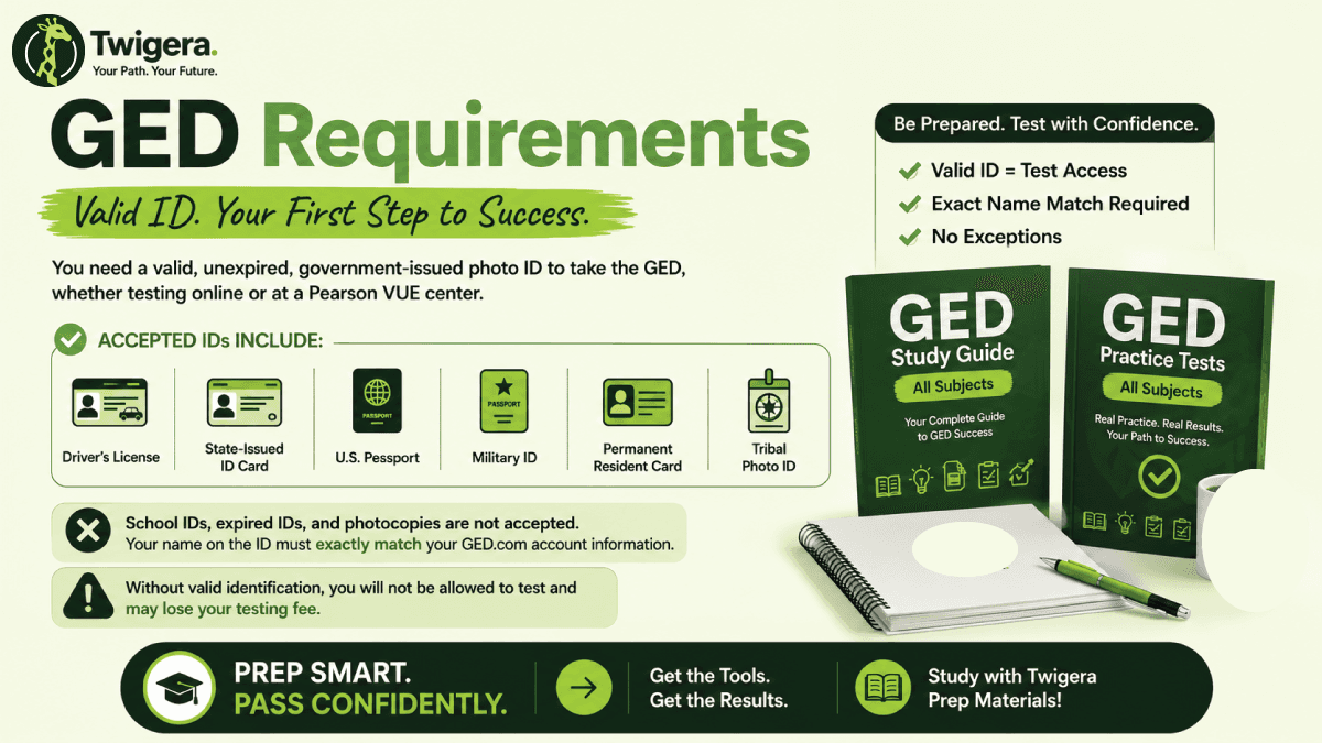 Twigera hero graphic "GED ID Requirements" showing accepted photo IDs — driver's license, state ID, passport — beside an online webcam ID check and an in-center check-in desk.