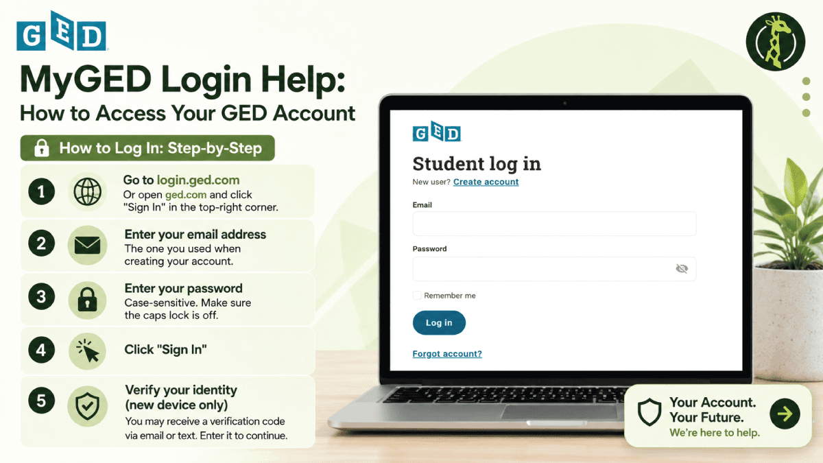 Twigera hero graphic 'MyGED Login Help: How to Access Your GED Account' showing a student login form and the five steps to sign in at login.ged.com.