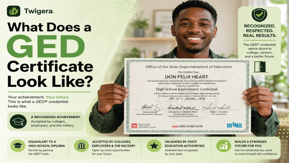 Twigera hero graphic "What Does a GED Certificate Look Like?" highlighting the state seal, serial number, candidate name, date of issue, and signature blocks of a real state-issued GED credential.