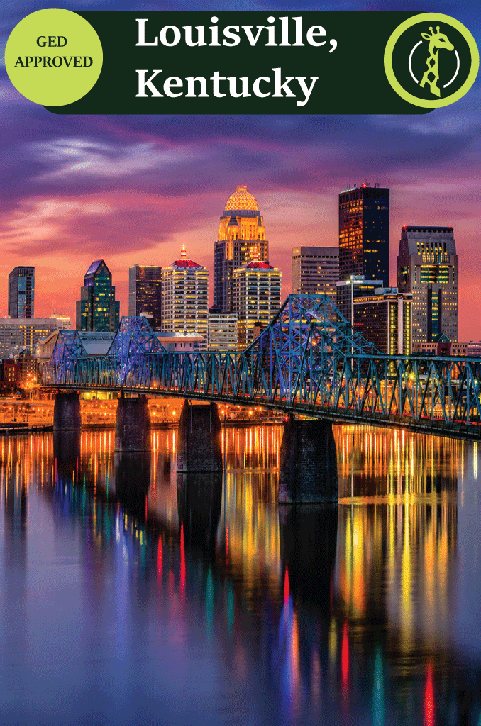 The Louisville, Kentucky skyline at dusk over the Ohio River.