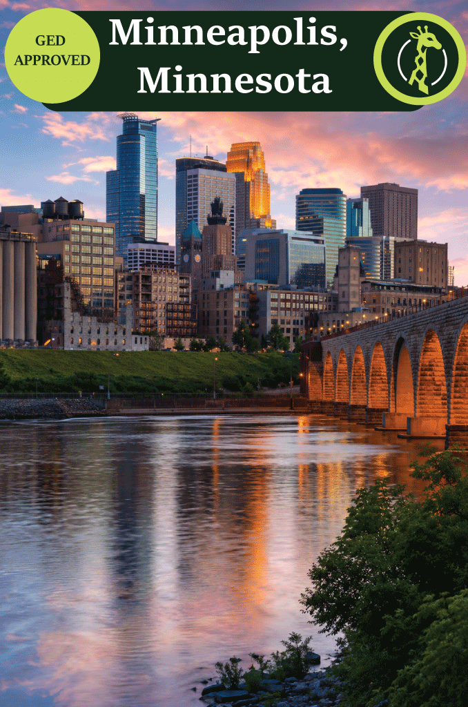 The Minneapolis skyline at dusk over the Mississippi River.