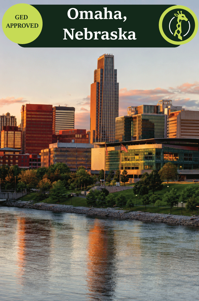 The Omaha skyline along the Missouri River at dusk.