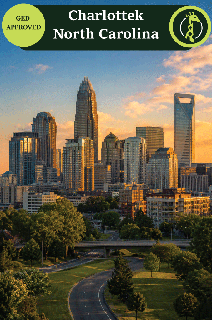 The Charlotte, North Carolina skyline at dusk.
