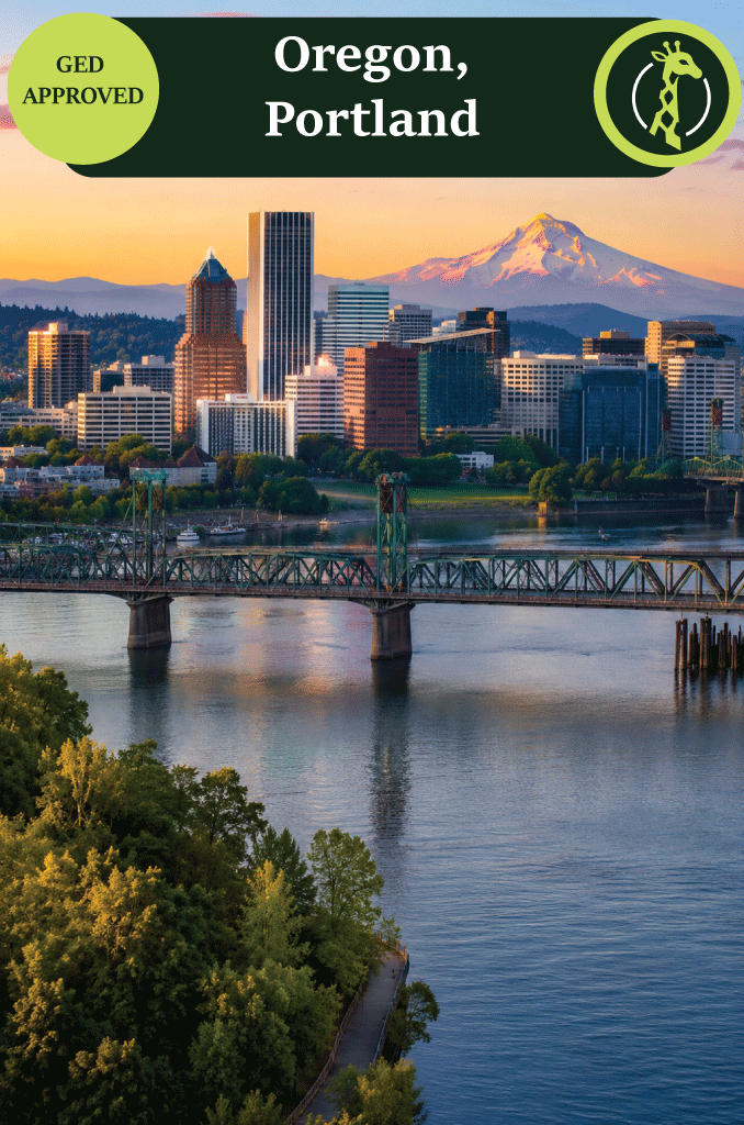 The Portland, Oregon skyline at dusk with Mount Hood in the distance.