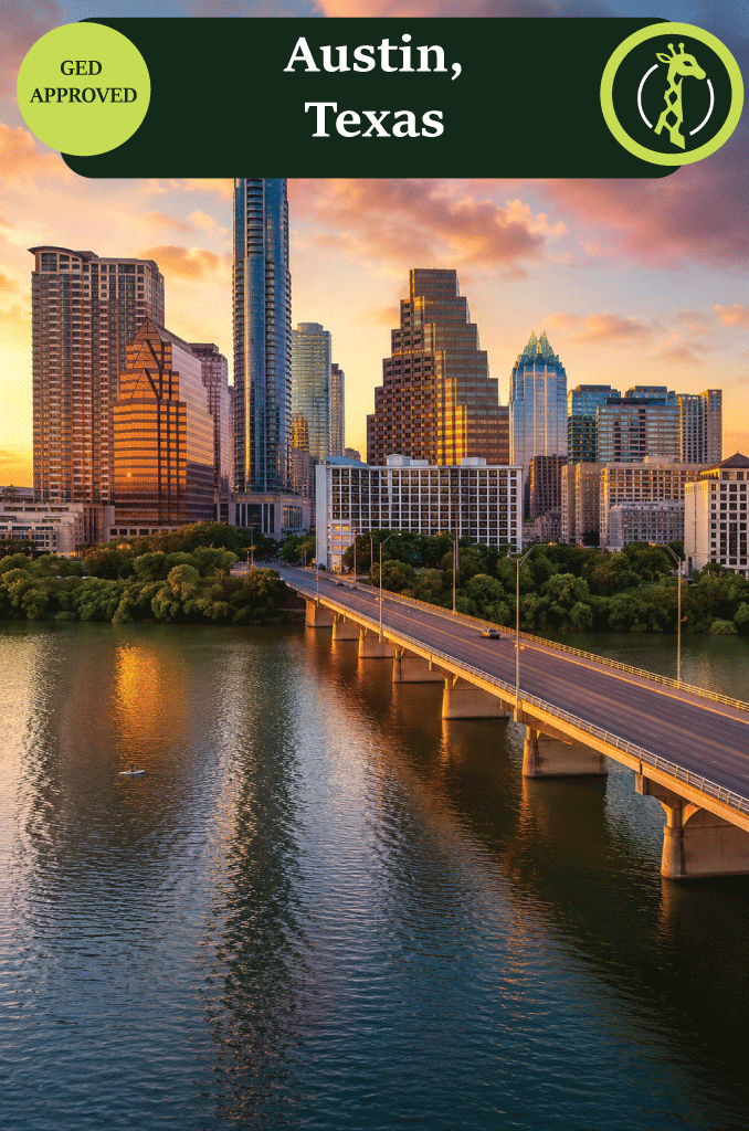 The Austin, Texas skyline at dusk over Lady Bird Lake.