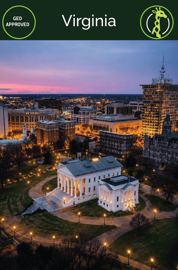 The Richmond, Virginia skyline at dusk over the James River.